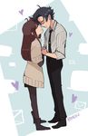  artist_name black_hair black_neckwear boots brown_hair closed_eyes couple dress_shirt full_body han_jumin heart hetero holding_hands long_hair necktie pantyhose pinstripe_pattern protagonist_(susanghan_messenger) rica_diaz shirt standing striped susanghan_messenger 