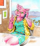  anthro belt bojack_horseman cat cellphone clothed clothing coypowers desk dress fangs feline fur green_eyes jewelry looking_at_viewer mammal necklace office phone pink_fur princess_carolyn slit_pupils sweater 