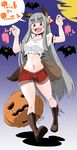  animal_ears bare_legs boots bow breasts claw_pose crop_top cross-laced_footwear eyebrows fujiwara_no_mokou hair_bow half_updo halloween happy highres jack-o'-lantern knee_boots lace-up_boots long_hair medium_breasts open_mouth puffy_short_sleeves puffy_sleeves red_eyes short_shorts short_sleeves shorts sidelocks silver_hair tail takeu thick_eyebrows touhou very_long_hair wolf_ears wolf_tail 