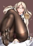  1girl admiral_(kantai_collection) akatsuki_akane anilingus anilingus_through_clothes ass black_legwear blouse blue_blouse brown_hair crossed_legs epaulettes feet green_eyes gusset hair_down hetero kantai_collection katori_(kantai_collection) light_brown_hair lips looking_at_viewer military military_uniform necktie no_shoes oral panties panties_under_pantyhose pantyhose parted_lips pink_panties sitting sitting_on_face sitting_on_person suggestive_fluid thighs toe_scrunch toes underwear uniform 