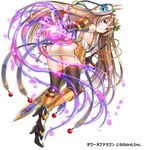  absurdres black_legwear blue_eyes breasts brown_hair dansa hair_ornament highres holding holding_sword holding_weapon long_hair looking_at_viewer magic medium_breasts sideboob simple_background smile solo sword thighhighs tower_of_dragon weapon white_background 