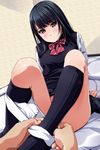  arm_support assisted_exposure bangs bedroom black_eyes black_hair black_legwear blush bow bowtie convenient_leg embarrassed eyebrows_visible_through_hair head_tilt highres indoors kneehighs knees_up light_frown long_hair long_sleeves looking_at_viewer matsunaga_kouyou on_bed original out_of_frame panties panty_pull plaid plaid_skirt pov pov_hands pulled_by_another school_uniform shirt sitting skirt solo_focus striped striped_bow striped_neckwear sweater_vest thighs underwear white_panties white_shirt 