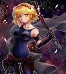  :/ ass_visible_through_thighs belt black_gloves blonde_hair breasts closed_mouth collarbone cowboy_shot djeeta_(granblue_fantasy) earrings elbow_gloves eyebrows eyebrows_visible_through_hair gloves granblue_fantasy gun gunslinger_(granblue_fantasy) hairband highres holding holding_gun holding_weapon holster jewelry kazuki_hiyori looking_at_viewer medium_breasts one-piece_swimsuit petals rifle single_elbow_glove solo standing swimsuit v-shaped_eyebrows weapon yellow_eyes 