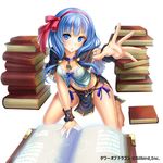  absurdres blue_eyes blue_hair book breasts cleavage dansa hair_ornament hair_ribbon highres kneeling long_hair looking_at_viewer medium_breasts midriff navel purple_ribbon red_ribbon ribbon simple_background solo tower_of_dragon white_background wrist_cuffs 