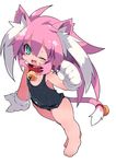  animal_ears aqua_eyes barefoot blush_stickers cat_ears cat_tail clenched_hand collarbone full_body gloves highres long_hair looking_at_viewer one-piece_swimsuit one_eye_closed original pink_hair simple_background solo swimsuit tail white_background white_gloves zankuro 
