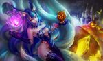  ahri alternate_costume alternate_hair_color animal_ears bare_shoulders black_hair breasts center_opening cleavage facial_mark fox_ears fox_tail highres large_breasts le_(huanglongen) league_of_legends lips long_hair multiple_tails pumpkin red_eyes slit_pupils solo tail teemo whisker_markings 