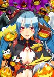  adapted_costume annotation_request asymmetrical_wings blue_hair breasts cameo cleavage cleavage_cutout dizzy eyeshadow guilty_gear guilty_gear_xrd halloween hat heart heart-shaped_pupils highres jack-o'-lantern large_breasts lipstick long_hair makeup midriff mini_hat mini_witch_hat navel orochi_(namashiba) partially_annotated red_eyes ringed_eyes solo symbol-shaped_pupils twintails wings witch_hat 
