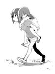  absurdres carrying girls_und_panzer greyscale hamada_(super_tachioyogi_kyousou) highres monochrome multiple_girls nishizumi_maho nishizumi_miho piggyback short_hair siblings sisters white_background younger 