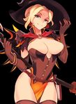  alternate_costume black_background blonde_hair blue_eyes breasts cleavage hat large_breasts looking_at_viewer mercy_(overwatch) overwatch pelvic_curtain sieyarelow smile solo thighhighs witch witch_hat witch_mercy 