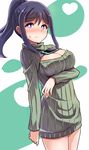  blue_hair blush breast_lift breasts cellphone cleavage cleavage_cutout embarrassed frown highres large_breasts long_hair long_sleeves looking_at_viewer love_live! love_live!_sunshine!! matsuura_kanan meme_attire no_pants object_on_breast open-chest_sweater phone ponytail purple_eyes ribbed_sweater shipii_(jigglypuff) sidelocks smartphone solo sweatdrop sweater tawawa_challenge 