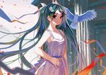  bird breasts cleavage collarbone day dress flower green_eyes green_hair hair_flower hair_ornament hair_ribbon hand_on_hip hatsune_miku highres jun_project long_hair looking_at_viewer ribbon small_breasts solo sundress twintails very_long_hair vocaloid white_dress white_ribbon 