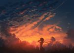  arm_up cloud cloudy_sky commentary_request condensation_trail dress evening facing_away floating_hair long_hair low_twintails original outdoors ryokucha_manma scenery silhouette sky solo sunset twintails wind 