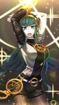  :d arms_up asymmetrical_clothes belt black_legwear breasts cleopatra_(fate/grand_order) commentary_request cowboy_shot earrings facial_mark fate/grand_order fate_(series) glowing green_eyes green_hair hairband hime_cut hoop_earrings jewelry kotera_ryou large_breasts leaning_forward long_hair looking_at_viewer necklace open_mouth pantyhose shorts sidelocks smile solo 