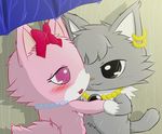  bangs black_eyes blush bow cat chest_tuft cute dian_(jewelpet) ear_piercing feline female fluffy fluffy_tail fur garnet_(jewelpet) grey_fur jewelpet jewelry male male/female mammal necklace piercing pink_eyes pink_fur raining romantic tuft umbrella 虹鳥 