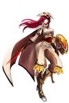  absurdres baggy_pants blazblue blue_eyes boots breasts brown_gloves cape early_type full_body gloves hat highres knee_boots lips long_hair medium_breasts pants red_hair shield short_sword solo sword tsubaki_yayoi uniform weapon 