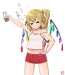  &gt;_&lt; :d armpits bare_shoulders bat blonde_hair bottle camisole closed_eyes commentary_request cowboy_shot drink flandre_scarlet gem grin gym_shorts hair_bobbles hair_ornament hand_on_hip holding kitano_(kitanosnowwhite) midriff milk_bottle navel open_mouth outstretched_arm pointy_ears red_shorts short_hair shorts side_ponytail signature simple_background smile solo strap_slip touhou translated wet white_background wings xd yin_yang 