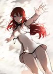  a-line bad_id bad_pixiv_id blue_eyes breasts cleavage cleavage_cutout highres long_hair looking_at_viewer medium_breasts original outstretched_arms panties red_hair shirt solo underwear white_panties white_shirt 