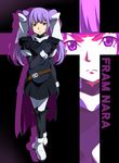  &gt;:( belt boots character_name eyebrows eyebrows_visible_through_hair fram_nara frown gundam gundam_age hair_tubes hand_on_own_chest highres ikari_manatsu long_hair purple_eyes purple_hair solo thigh_boots thighhighs twintails v-shaped_eyebrows wrist_cuffs 