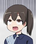  adapted_costume ahegao alternate_costume black_hair brown_eyes commentary_request employee_uniform eyebrows eyebrows_visible_through_hair kaga_(kantai_collection) kantai_collection lawson masara masara_ahegao open_mouth rolling_eyes side_ponytail solo uniform 