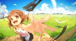  animal bird brown_eyes brown_hair foreshortening girls_und_panzer hamada_(super_tachioyogi_kyousou) nishizumi_miho open_mouth scenery short_hair tank_top younger 