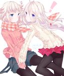  aran_sweater black_legwear blue_eyes cevio commentary_request ia_(vocaloid) long_hair multiple_girls one_(cevio) pantyhose pleated_skirt ribbed_sweater scarf short_shorts shorts skirt sleeves_past_wrists sotsunaku sweater vocaloid white_hair 