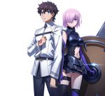  1girl bare_shoulders blue_eyes breasts brown_hair elbow_gloves fate/grand_order fate/grand_order:_first_order fate_(series) fujimaru_ritsuka_(male) gloves gotou_keisuke hair_over_one_eye mash_kyrielight medium_breasts navel official_art open_mouth purple_eyes purple_hair shield short_hair thighhighs 