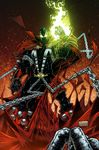  cape chain glowing glowing_eyes green_eyes highres image_comics magic male_focus skull solo spawn spawn_(spawn) spikes superhero 