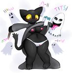  black_fur blush breasts cactuscacti cat clothing clothing_lift dress dress_lift feline female fur ghost google halloween holidays mammal momo_(google) nipples panties simple_background spirit tongue underwear yellow_eyes 