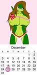  anthro big_breasts blue_eyes bow breasts brown_hair calendar clothed clothing female hair huge_breasts lizard reptile samantha_brooks sarcolopter scalie simple_background solo standing topless 