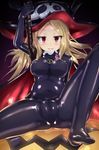  black_bodysuit blonde_hair bodysuit breasts halloween hat highres large_breasts latex long_hair mole mole_under_mouth naka red_eyes senran_kagura senran_kagura_shinovi_versus shiki_(senran_kagura) solo spread_legs witch_hat 
