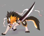  4_toes blonde_hair canine chesta dog feral fur grey_fur grey_nose hair holding_object holding_weapon husky mammal melee_weapon nude paws purple_eyes simple_background solo standing sword teeth toes weapon 