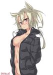  alternate_costume bangs black_coat blonde_hair blush bottomless breasts cleavage coat collarbone cowboy_shot dark_skin ebifurya eyebrows eyebrows_visible_through_hair glasses hair_between_eyes hair_flaps hands_in_pockets highres kantai_collection long_hair long_sleeves looking_at_viewer medium_breasts musashi_(kantai_collection) naked_coat navel no_bra open_clothes open_coat red_eyes simple_background solo stomach twintails twitter_username two_side_up white_background 