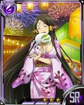  breasts card_(medium) cleavage closed_eyes ear_covers elf fan fireworks green_hair hair_tubes japanese_clothes kimono long_hair medium_breasts official_art paper_fan pointy_ears sakuya_(sao) solo star sword_art_online uchiwa very_long_hair 