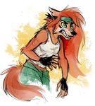  anthro canine clothing disney female fingerless_gloves gloves gravity_falls mammal mistrel-fox shirt snarling solo tank_top torn_clothing wendy_corduroy were werewolf yellow_sclera 