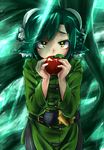  1girl apple eyebrows food fruit green_clothes holding holding_fruit leaf solo yellow_eyes 
