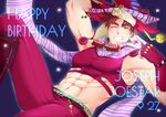  abs battle_tendency boots brown_hair character_name crop_top fingerless_gloves gloves goggles goggles_around_neck green_eyes grin hand_behind_head happy_birthday hat jojo_no_kimyou_na_bouken joseph_joestar_(young) lying male_focus micken midriff muscle navel on_back one_eye_closed red_footwear scarf smile solo star striped striped_scarf v 