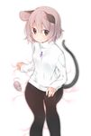  akagashi_hagane animal_ears brown_eyes commentary crotch_seam hand_on_own_knee light_brown_hair long_sleeves mouse mouse_ears mouse_tail nazrin on_bed pantyhose short_hair sitting sleeves_past_wrists smile solo sweater tail touhou white_sweater 