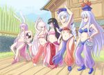  &gt;:( abs animal_ears arabian_clothes armpits bangs bare_arms belly belly_dancing belly_poke blue_hair blunt_bangs blush blush_stickers bow bra breasts brown_hair bunny_ears bunny_tail commentary confused d: dancer eientei english_commentary eye_contact floppy_ears frown fujiwara_no_mokou full_body green_eyes hair_bow hair_ribbon harem_outfit harem_pants hat highres hime_cut hips houraisan_kaguya inaba_tewi jewelry kamishirasawa_keine long_hair long_skirt looking_at_another medium_breasts multicolored_hair multiple_girls navel open_mouth pants petite plump pout profitshame purple_hair red_eyes reisen_udongein_inaba revision ribbon short_hair skindentation skirt smile smirk smug streaked_hair surprised tail toned touhou transparent_harem_pants tress_ribbon underwear v-shaped_eyebrows very_long_hair white_hair yagokoro_eirin 
