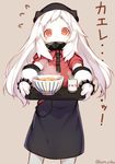  absurdres alternate_costume apron bowl covered_mouth cup flying_sweatdrops go_back! highres horns kantai_collection katoroku long_hair looking_at_viewer mittens nakau northern_ocean_hime pale_skin red_eyes red_shirt shirt sidelocks simple_background solo standing tray twitter_username white_hair 