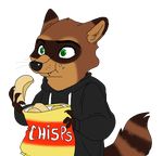  anthro black_nose brown_fur chips_(food) clothing eating food fur green_eyes hoodie male mammal ollie_(olicoon) potato_chips raccoon striped_tail stripes teeth universefoxy whiskers 
