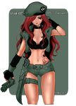  breasts cleavage commando eyeshadow gun hat holding holding_gun holding_weapon large_breasts league_of_legends long_hair makeup midriff navel otani_(kota12ro08) red_hair sarah_fortune skull_and_crossbones solo tattoo translation_request weapon 