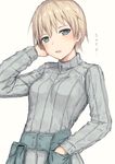  :o bad_id bad_twitter_id belt_pouch blonde_hair blue_eyes blush brave_witches breasts commentary_request furukawa_wanosuke hand_on_own_head long_sleeves looking_at_viewer medium_breasts military military_uniform nikka_edvardine_katajainen pouch ribbed_sweater short_hair simple_background solo sweater text_focus translation_request turtleneck uniform white_background world_witches_series 