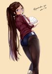  2016 :o ass ball bare_legs beige_background black_legwear blue_eyes blush breast_press breasts brown_hair buruma commentary dated gym_uniform hair_ornament hairclip highres holding holding_ball jacket legs long_hair looking_at_viewer looking_back loose_socks medium_breasts open_mouth original pantyhose pantyhose_under_buruma ponytail ribbed_legwear school_uniform simple_background sleeves_rolled_up socks socks_over_pantyhose solo thighs tied_hair tights_day track_jacket twitter_username very_long_hair volleyball white_legwear yoshida_iyo 