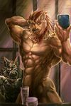  abs anthro armpits biceps canine cellphone convenient_censorship duo feline hand_behind_head lander-laon looking_at_viewer male mammal muscular muscular_male navel nude pecs phone selfie wolf 