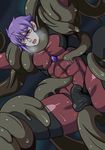  1boy abs crotch lifting male_focus monster muscle purple_hair restrained seat solo steam tentacle 