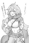  bangs belt between_breasts blush boots braid breasts cleavage coat dagger eo_masaka eyebrows eyebrows_visible_through_hair fingernails granblue_fantasy greyscale hair_between_eyes highres large_breasts long_hair long_sleeves miniskirt monochrome navel open_clothes open_coat open_mouth pleated_skirt sheath sheathed silva_(granblue_fantasy) simple_background skirt solo strap strap_cleavage text_focus thigh_boots thighhighs translated twin_braids weapon white_background zettai_ryouiki 