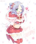  ;d bell belt blue_hair boots bow breasts christmas cleavage flower_knight_girl full_body gloves green_eyes hair_bow hair_bun heart jingle_bell kurot laurentia_(flower_knight_girl) light_blue_hair medium_breasts merry_christmas midriff one_eye_closed open_mouth plaid plaid_bow red_bow red_legwear red_skirt santa_costume short_hair skirt smile solo star starry_background thigh_boots thighhighs twitter_username white_background white_gloves white_legwear zettai_ryouiki 