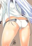  1girl arms_at_sides ass brown_background commentary_request from_behind grey_hair hibiki_(kancolle) kantai_collection long_hair no_pants panties school_uniform serafuku signature simple_background sketch solo sweat thighs underwear verniy_(kancolle) white_panties yua_(checkmate) 