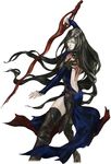  back_tattoo backless_outfit bare_shoulders black_hair castlevania castlevania:_order_of_ecclesia floating_hair kojima_ayami long_hair shanoa solo sword tattoo thighhighs very_long_hair weapon 