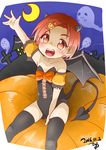  2016 alternate_costume bandai_namco bow child closed_mouth costume cross dated fangs flat_chest ghost hair_ornament hairclip halloween idolmaster idolmaster_cinderella_girls kazuya_lolicon looking_at_viewer moon open_mouth raising_hand ryuuzaki_kaoru short_hair sitting smile solo tail wings 